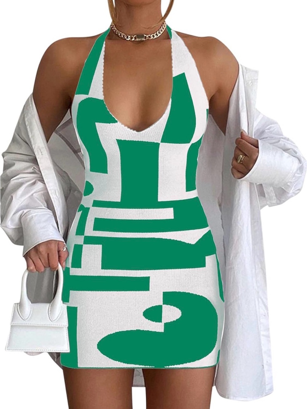 White & Green Halter Mini Dress